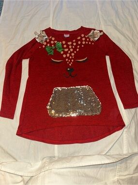 Holiday Time Red Girls' Reindeer Sequin Pocket Sweater